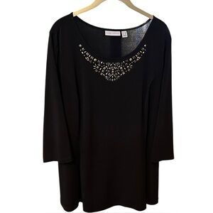 Susan Graver Black Liquid Knit Fit And Flare Tunic Top Gold Bling Plus 1X